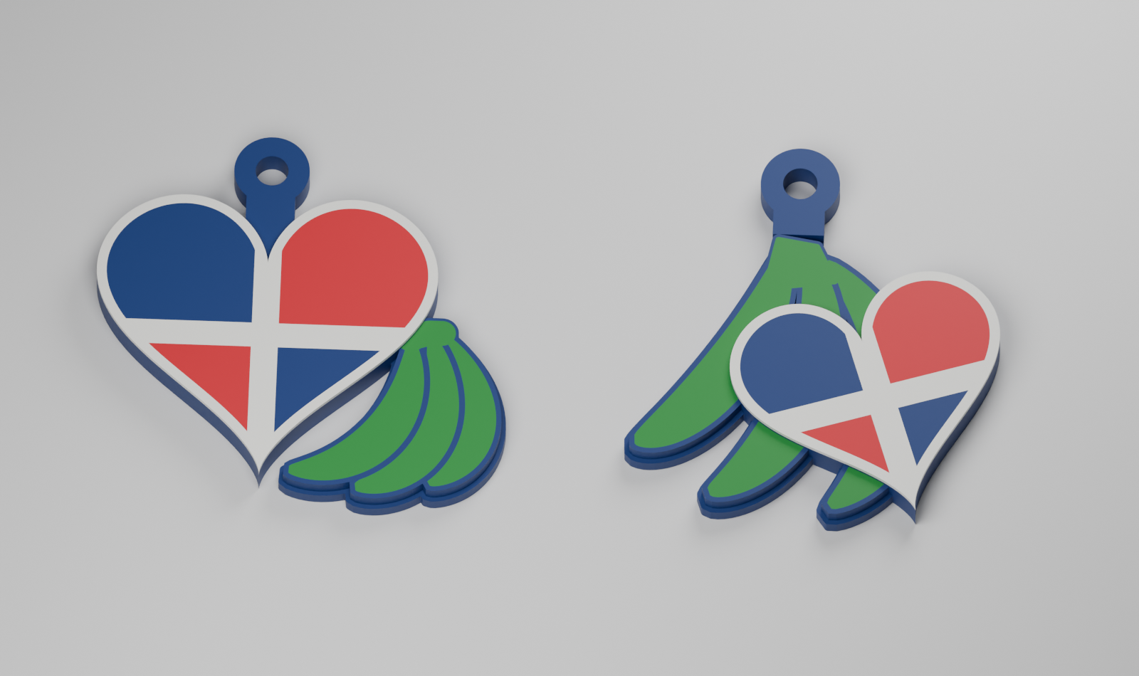 Two Dominican flag heart keychains with green plantains and blue borders